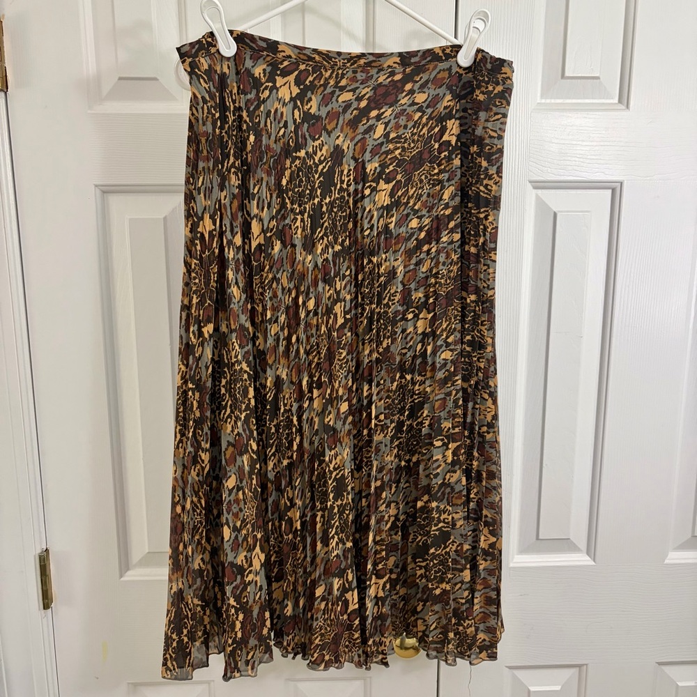Garnet Hill Brown Print Pleated A-Line Fully Lined Side Zipper Skirt Size 16